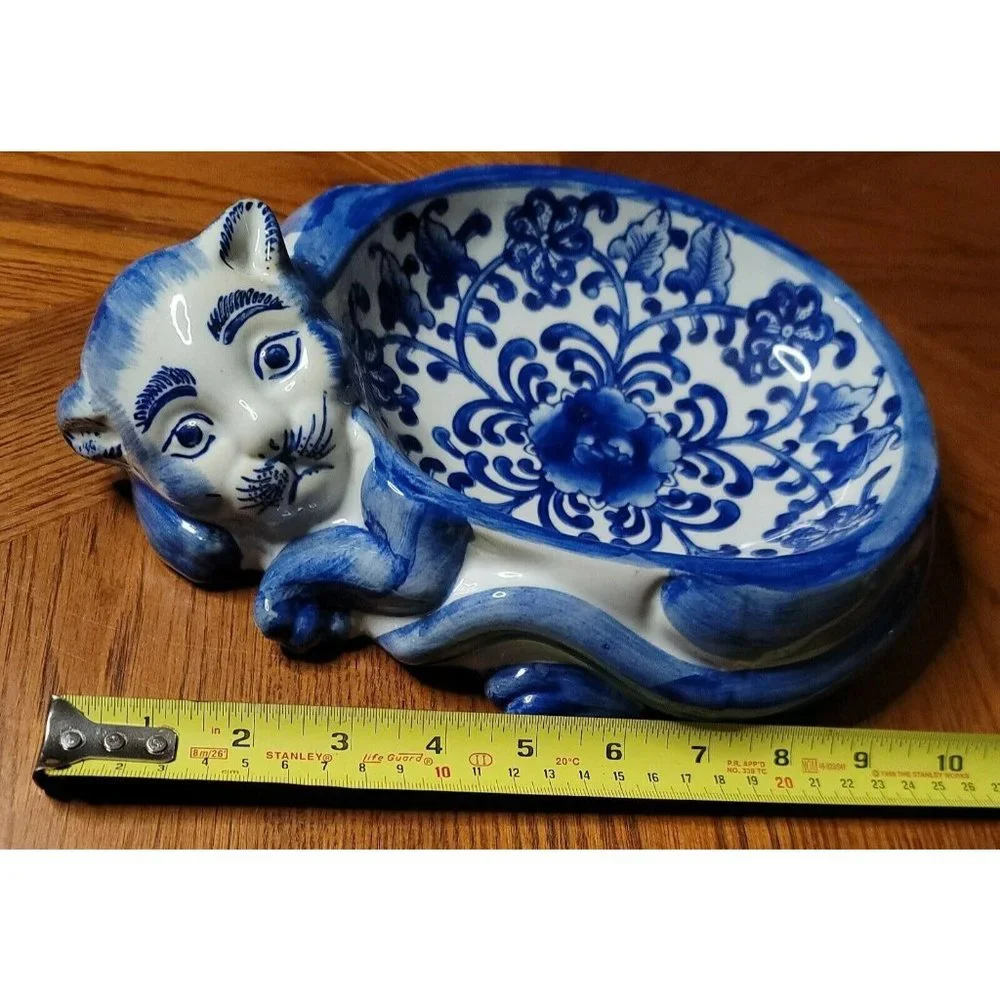 Vintage Porcelain Chinese Cat Kitten Dish Bowl **RARE** 🐈‍⬛🐈🐱 Blue White